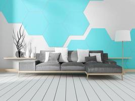 Room with sofa and white hexagonal tile wall. 3D renderin photo