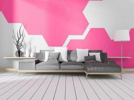 Habitación con sofá y pared de azulejos hexagonales blancos. Representación 3d foto