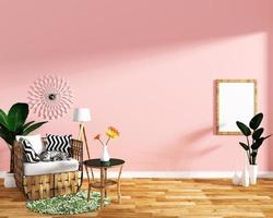 diseño tropical, sillón, planta, mueble sobre piso de madera y fondo rosa. Representación 3D. foto