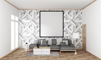 Simulacros de marco de póster en hipster interior moderno japonés sala de estar pared de baldosas de granito en piso de granito, representación 3d