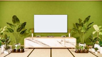 Tv cabinet in japanese living room on old green wall background,3d rendering photo