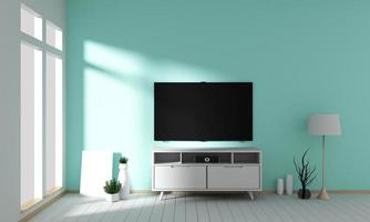 Tv on cabinet design in room interior granite tile floor on mint wall ,minimal designs zen style, 3d rendering photo