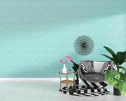 Interior moderno de la sala de estar con decoración de sillón y plantas verdes sobre fondo de pared de textura de azulejo de menta hexagonal, diseño minimalista, representación 3d foto