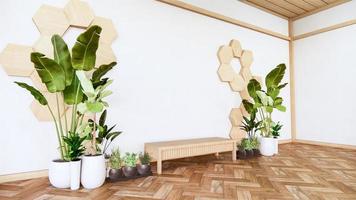 Mesa baja de madera con azulejos hexagonales de madera en la pared y plantas de decoración. Representación 3D foto