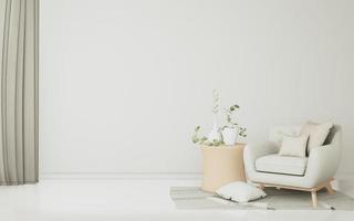 Sala de estar moderna minimalista con piso de madera y plantas de decoración. Representación 3D.