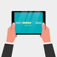 cargando año nuevo 2021 a 2022 en la pantalla de la tableta y la barra de progreso. vector