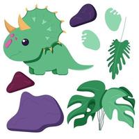 un conjunto de dinosaurio lindo para decorar la guardería, pegatinas de la era mesozoica para niños, tiranosaurio, pterodáctilo, estegosaurio, braquiosaurio y diplodocus en un estilo plano, aislado en un blanco. vector