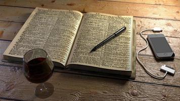 Wine, Book, Pen, Phone on table. 3D rendering photo