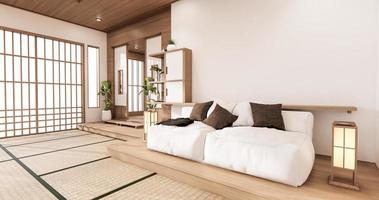 sofá blanco japonés en la habitación Japón diseño tropical y suelo de tatami representación 3d