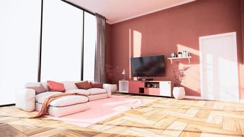 mueble de tv y pantalla interior japonés de sala de estar rosa sakura para editar. Representación 3d