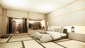 dormitorio tranquilo zen moderno. Dormitorio de estilo japonés con estante, diseño de pared, luz oculta y decoración, estilo nihon, representación 3D. foto