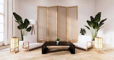 Sala de estar de estilo japonés tradicional mezclado con diseño moderno. Representación 3D