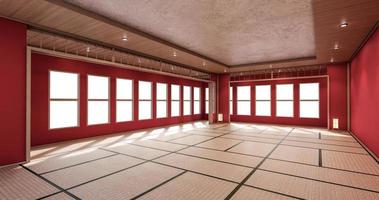 el interior de la habitación de color rojo con piso de tatami representación 3d foto