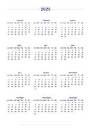 Calendario 2025 ambientado en un estilo estricto clásico. calendario de mesa de pared, diseño de negocio minimalista y restringido para cuaderno y planificador. la semana comienza el domingo vector