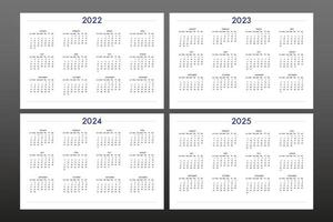 2022 2023 2024 2025 calendario establecido en estilo clásico estricto. calendario de mesa de pared, diseño de negocio minimalista y restringido para cuaderno y planificador. la semana comienza el domingo vector