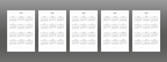2021 2022 2023 2024 2025 calendar set in classic strict style. wall table calendar schedule, minimal restrained business design for notebook and planner. Week starts on sunday vector