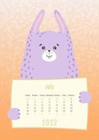 Calendario de julio de 2022, lindo animal de conejo liebre sosteniendo una hoja de calendario mensual, estilo infantil dibujado a mano vector