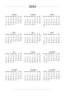 Calendario 2024 ambientado en un estilo estricto clásico. calendario de mesa de pared, diseño de negocio minimalista y restringido para cuaderno y planificador. la semana comienza el domingo vector