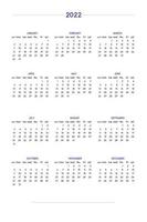 Calendario 2022 ambientado en un estilo estricto clásico. calendario de mesa de pared, diseño de negocio minimalista y restringido para cuaderno y planificador. la semana comienza el domingo vector