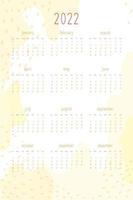 2022 calendar for personal planner and notebook. Warm yellow hand drawn abstract spots and dots, delicate tender cute style. Week starts on sunday vector