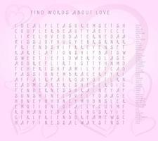 Valentines day word puzzle crossword - find the listed words about love in the brain work puzzle. attentiveness test, riddle game in English. words are located forward and down vector
