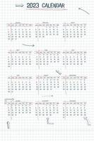 Planificador semanal del calendario 2023 y lista de tareas pendientes. texto y elementos de tipo de fuente dibujados a mano, estilo de nota escolar, hoja de cuaderno a cuadros con flechas y marcos lineales. vector