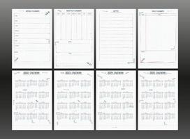 Set of 2022 2023 2024 2025 calendar weekly planner and to do list. hand drawn font type text and elements, school note style, checkered notebook sheet with lineart arrows and frames. vector