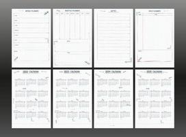 conjunto de planificador semanal de calendario 2022 2023 2024 2025 y lista de tareas pendientes. texto y elementos de tipo de fuente dibujados a mano, estilo de nota escolar, hoja de cuaderno a cuadros con flechas y marcos lineales. vector