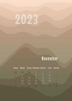 Calendario vertical de noviembre de 2023 todos los meses por separado. plantilla de planificador personal mensual. pico silueta abstracta fondo colorido degradado, diseño para impresión y digital vector