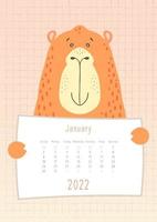 Calendario de enero de 2022, lindo animal camello sosteniendo una hoja de calendario mensual, estilo infantil dibujado a mano vector