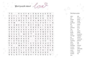 Valentine's day word puzzle crossword - find the listed words about love in the brain work puzzle. attentiveness test, riddle game in English. words are located forward and down vector