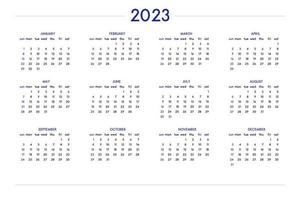 Calendario 2023 ambientado en un estilo estricto clásico. calendario de mesa de pared, diseño de negocio minimalista y restringido para cuaderno y planificador. la semana comienza el domingo vector