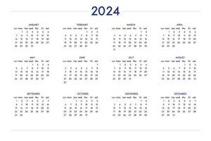 Calendario 2024 ambientado en un estilo estricto clásico. calendario de mesa de pared, diseño de negocio minimalista y restringido para cuaderno y planificador. la semana comienza el domingo vector