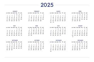 Calendario 2025 ambientado en un estilo estricto clásico. calendario de mesa de pared, diseño de negocio minimalista y restringido para cuaderno y planificador. la semana comienza el domingo vector