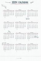 2024 calendar weekly planner and to do list. hand drawn font type text and elements, school note style, checkered notebook sheet with lineart arrows and frames. vector