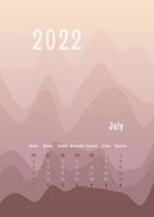 Calendario vertical julio 2022 cada mes por separado. plantilla de planificador personal mensual. pico silueta abstracta fondo colorido degradado, diseño para impresión y digital vector