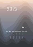 Calendario vertical de marzo de 2023 todos los meses por separado. plantilla de planificador personal mensual. pico silueta abstracta fondo colorido degradado, diseño para impresión y digital vector