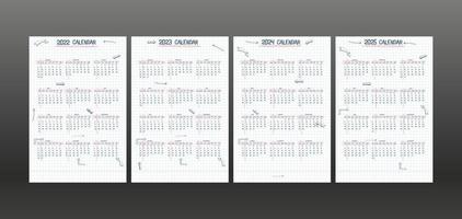 2022 2023 2024 2025 calendario planificador semanal y lista de tareas pendientes. texto y elementos de tipo de fuente dibujados a mano, estilo de nota escolar, hoja de cuaderno a cuadros con flechas y marcos lineales. vector