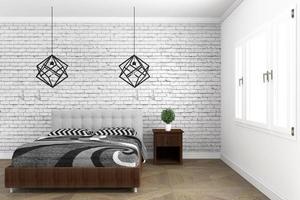 Dormitorio de estilo moderno con piso de madera y fondo de pared de ladrillo. Representación 3d foto