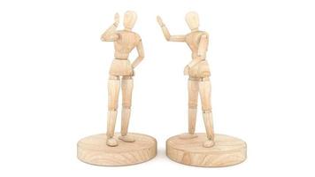 dos marionetas de madera, saludan y hablan. Representación 3d