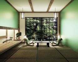 sala de primavera con árbol bonsai y mesa baja sobre tatami y ventana con vista árbol de primavera, estilo japonés. Representación 3d foto