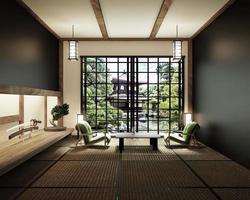 diseño de interiores, sala de estar moderna con mesa, lámpara de espada katana y árbol bonsai en el piso de tatami de la habitación, el diseño es difícil de encontrar. Representación 3d foto