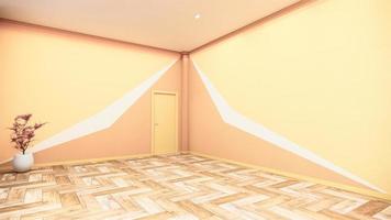 empty room with geometric wall design yellow orange and brown on woodenfloor. 3D rendering photo