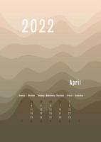 Calendario vertical de abril de 2022 cada mes por separado. plantilla de planificador personal mensual. pico silueta abstracta fondo colorido degradado, diseño para impresión y digital vector