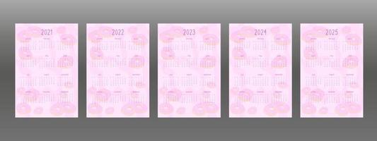 2021 2022 2023 2024 2025 calendar set for personal planner and notebook. Pink donuts with cream icing, cute cartoon girly childish style. Week starts on sunday vector