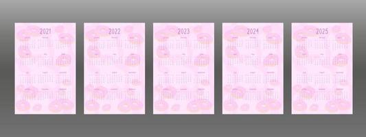 2021 2022 2023 2024 2025 calendar set for personal planner and notebook. Pink donuts with cream icing, cute cartoon girly childish style. Week starts on sunday vector