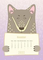 Calendario de noviembre de 2022, lindo animal perro lobo sosteniendo una hoja de calendario mensual, estilo infantil dibujado a mano vector