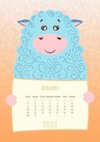 Calendario de octubre de 2022, lindo animal de oveja ram sosteniendo una hoja de calendario mensual, estilo infantil dibujado a mano vector