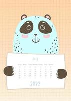 Calendario de julio de 2022, lindo animal panda sosteniendo una hoja de calendario mensual, estilo infantil dibujado a mano vector