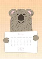 Calendario de octubre de 2022, lindo animal koala sosteniendo una hoja de calendario mensual, estilo infantil dibujado a mano vector